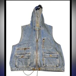 Lizwear Vintage Denim Hooded Utility Vest – Size Small (100% Cotton)